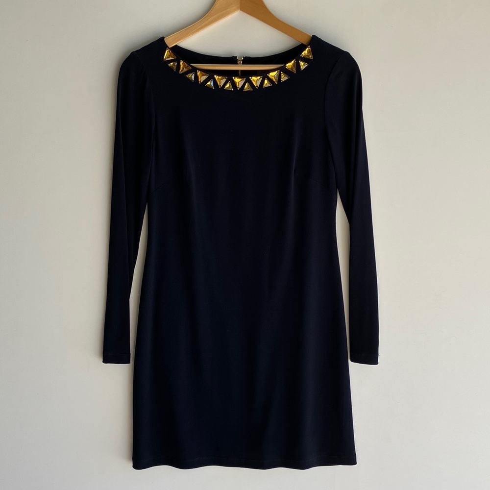 Elegant Navy Blue Dress with Gold Accents